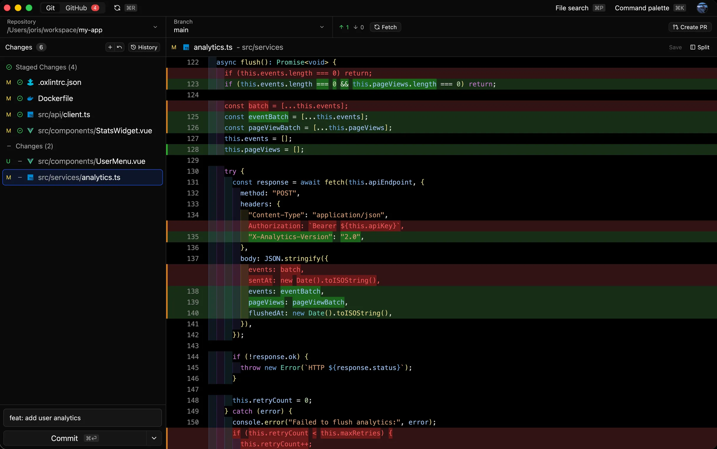 Reviu Git conflict resolution screenshot in dark mode