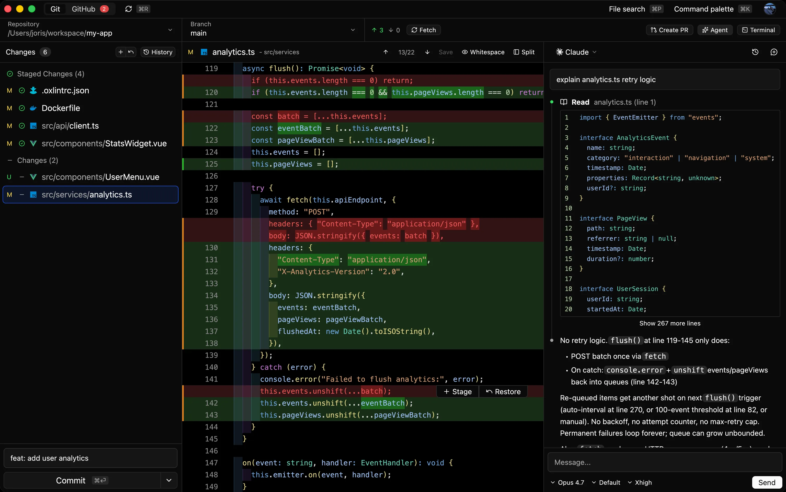 Reviu Git conflict resolution screenshot in dark mode