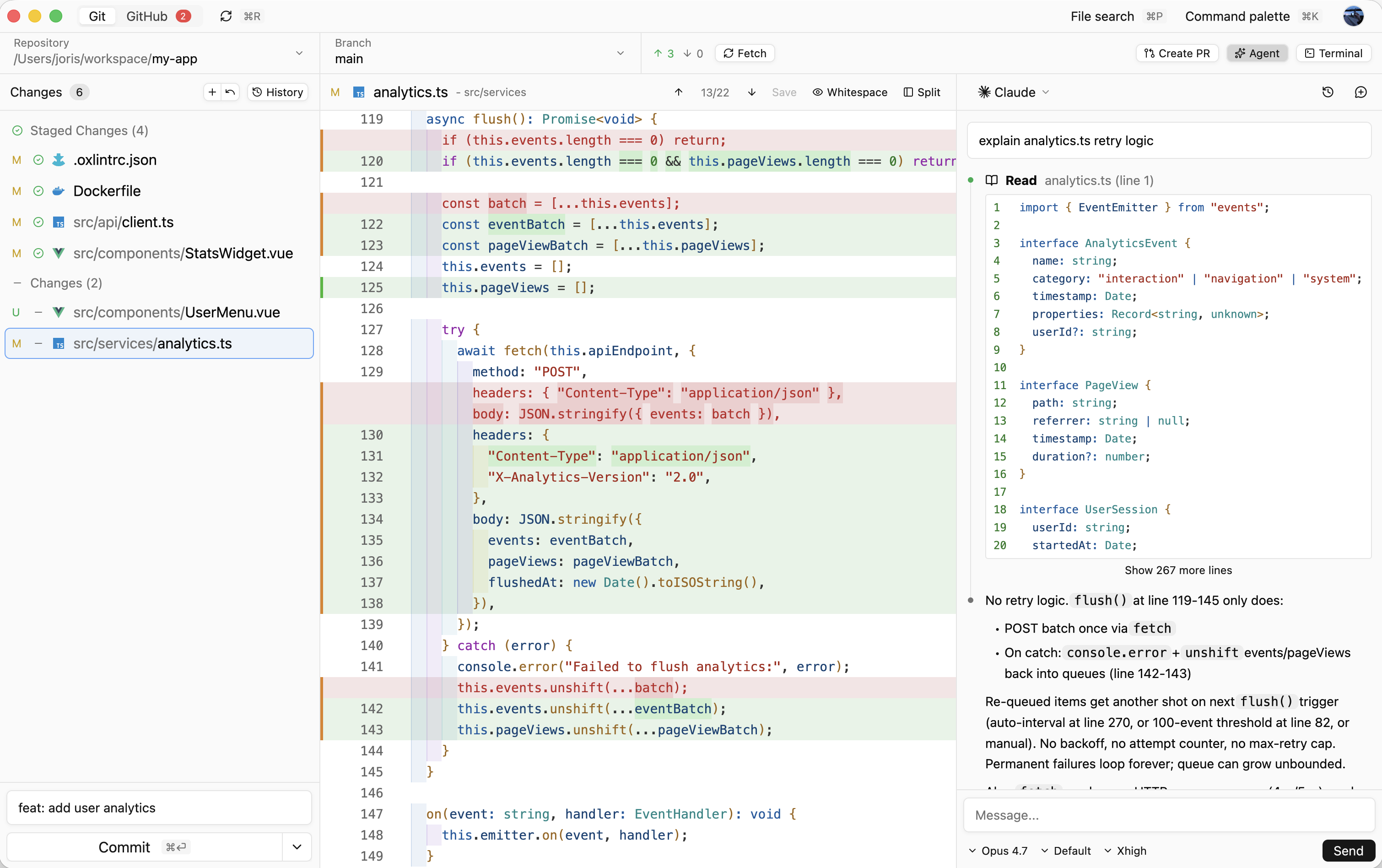 Reviu local Git screen with staged and unstaged files plus a split diff.