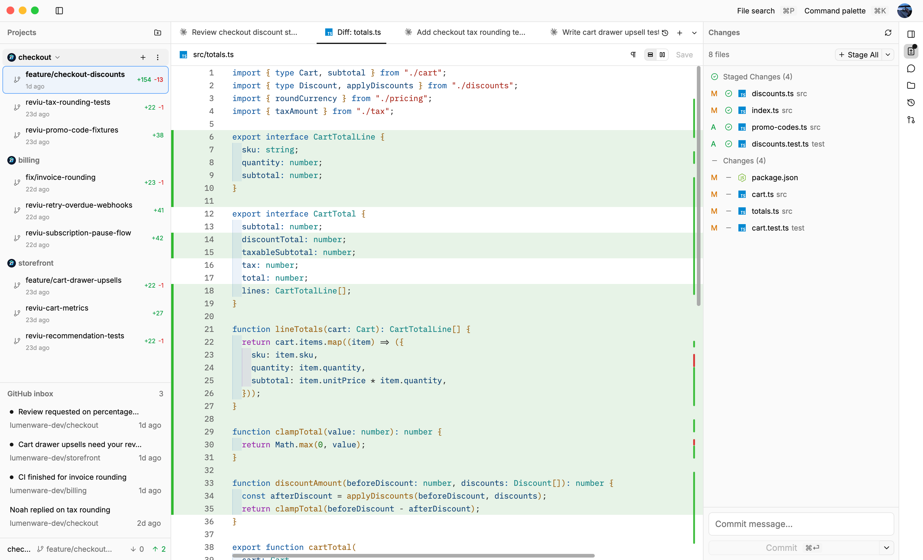 Reviu interactive rebase, hunk staging, conflicts, and Git history screenshot