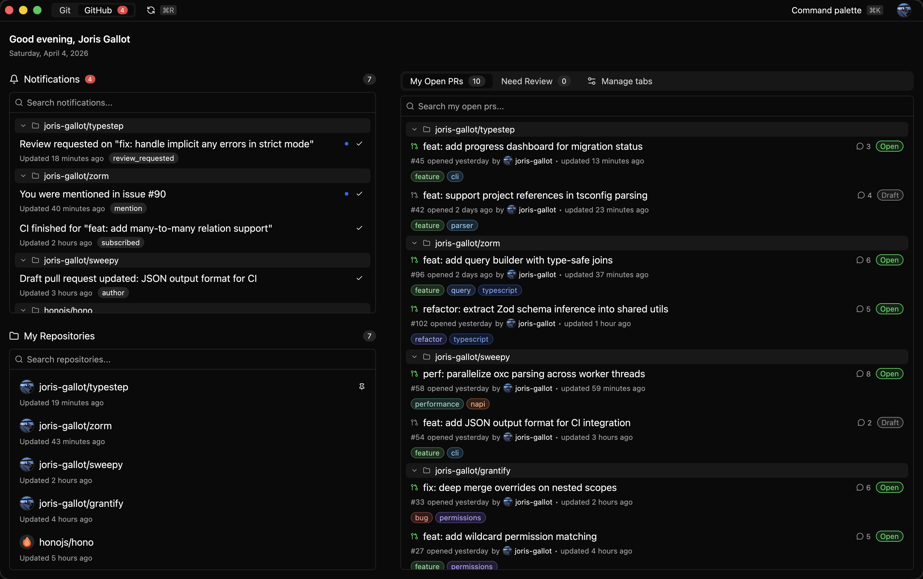Reviu GitHub home screen with notifications and pull request lists.