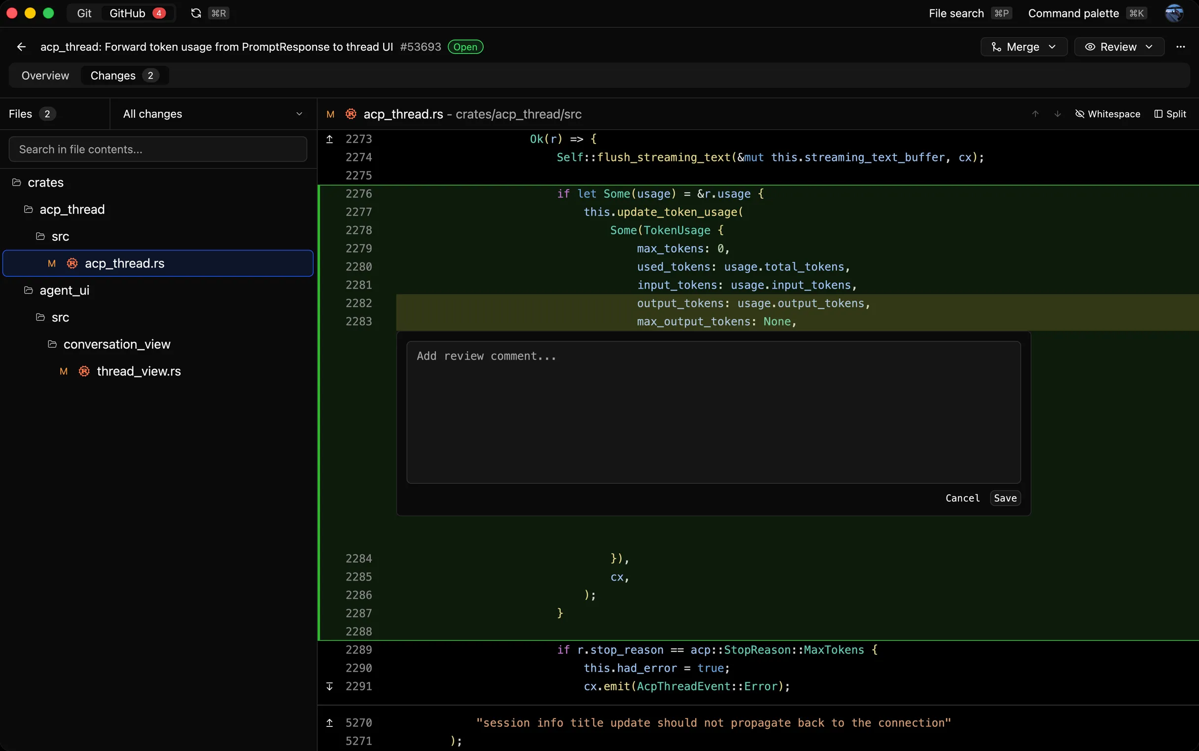 Reviu pull request review screenshot in dark mode