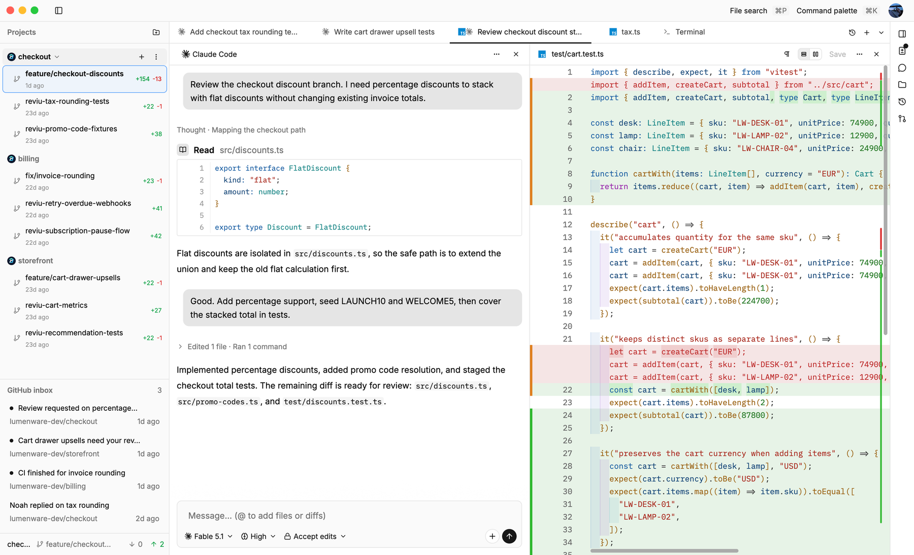 Reviu desktop app with agent sessions, diff review, changes, and pull request workflow