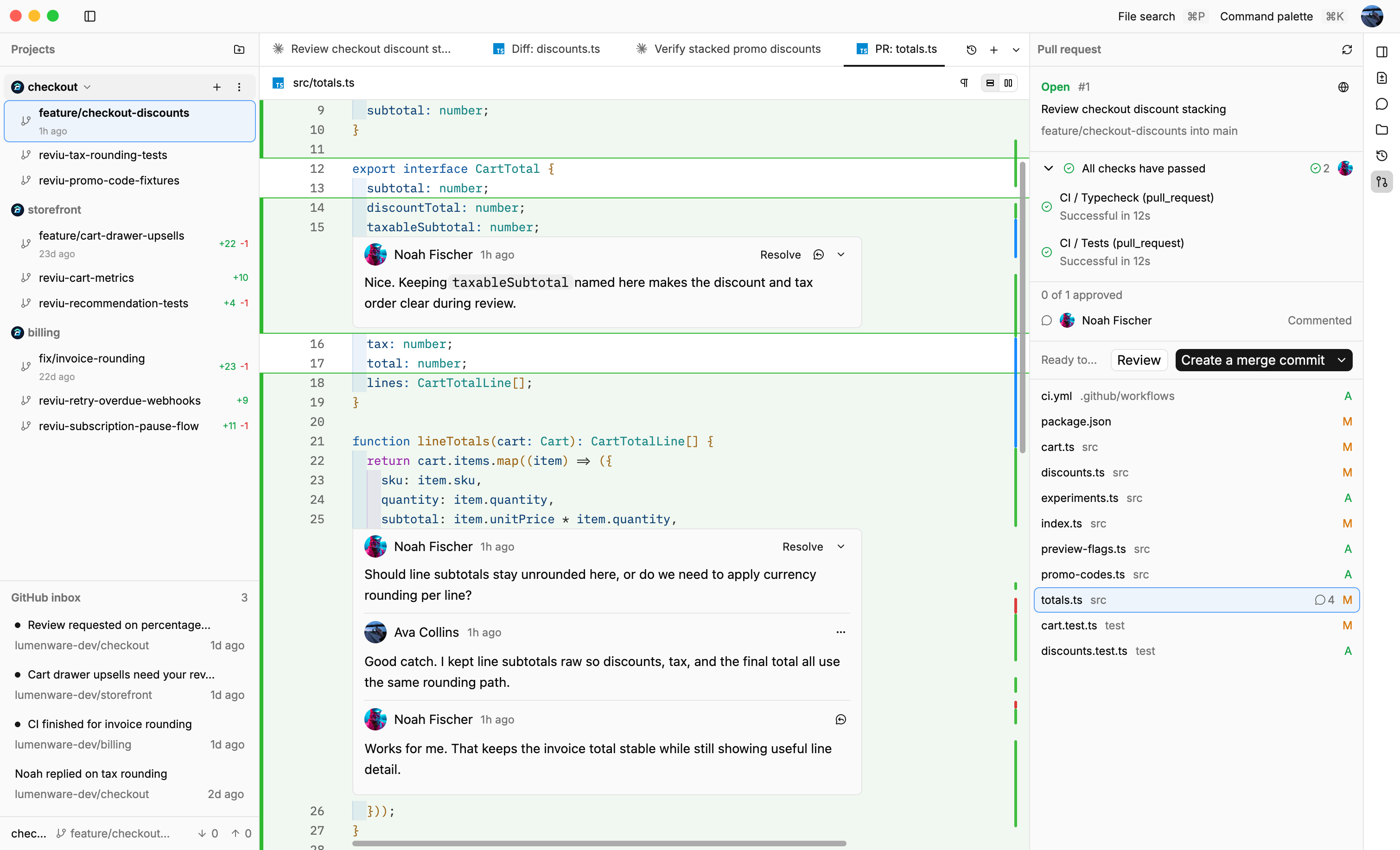 Reviu Pro pull request dock with review threads, checks, and merge workflow